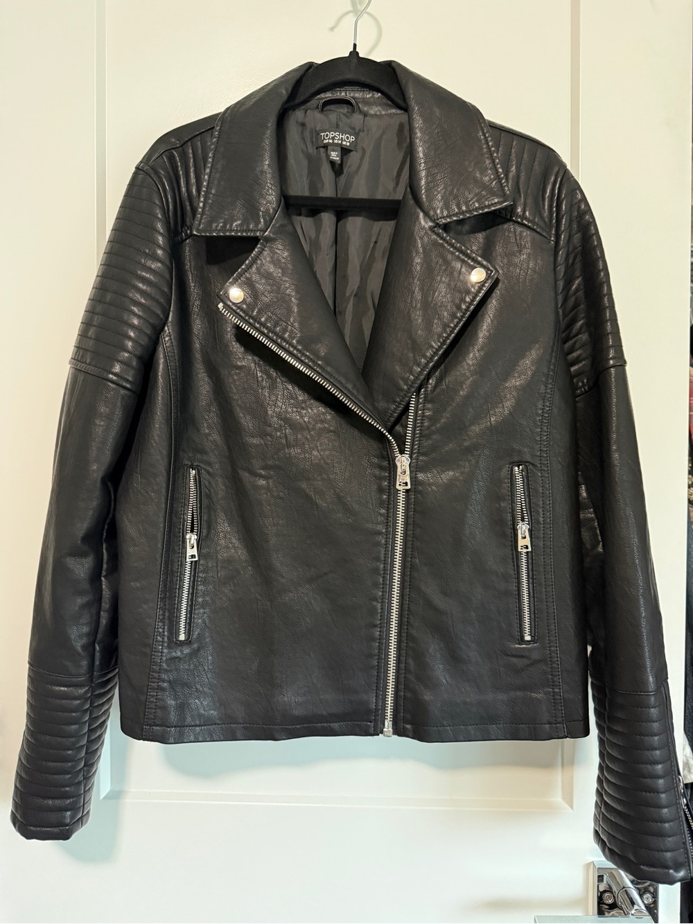 Topshop Black Faux Leather Moto Jacket with Quilted Sleeves